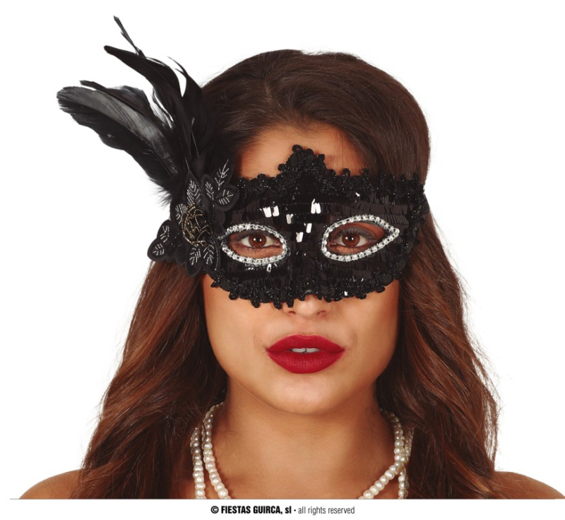 Karnevalové masky, latexové masky - Fiestas Guirca Černá flitrová maska s peřím