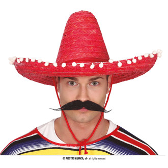 Fiestas Guirca Mexický klobouk 50 cm s pompony červený